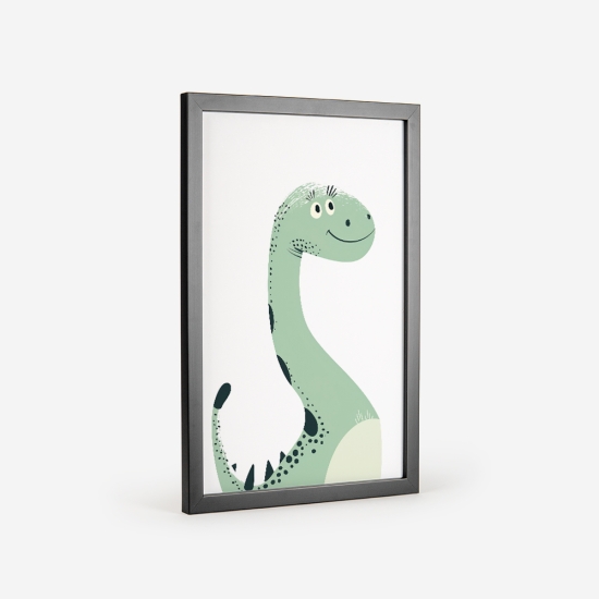 Poster infantil com um dinossauro verde sorridente, perfeito para decoração de quartos de bebé e crianças. 2